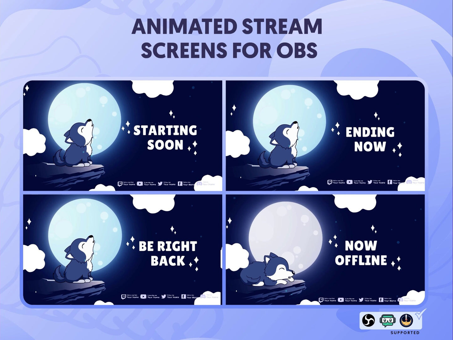 Cute Wolf Moon Animated Twitch Overlay Screens