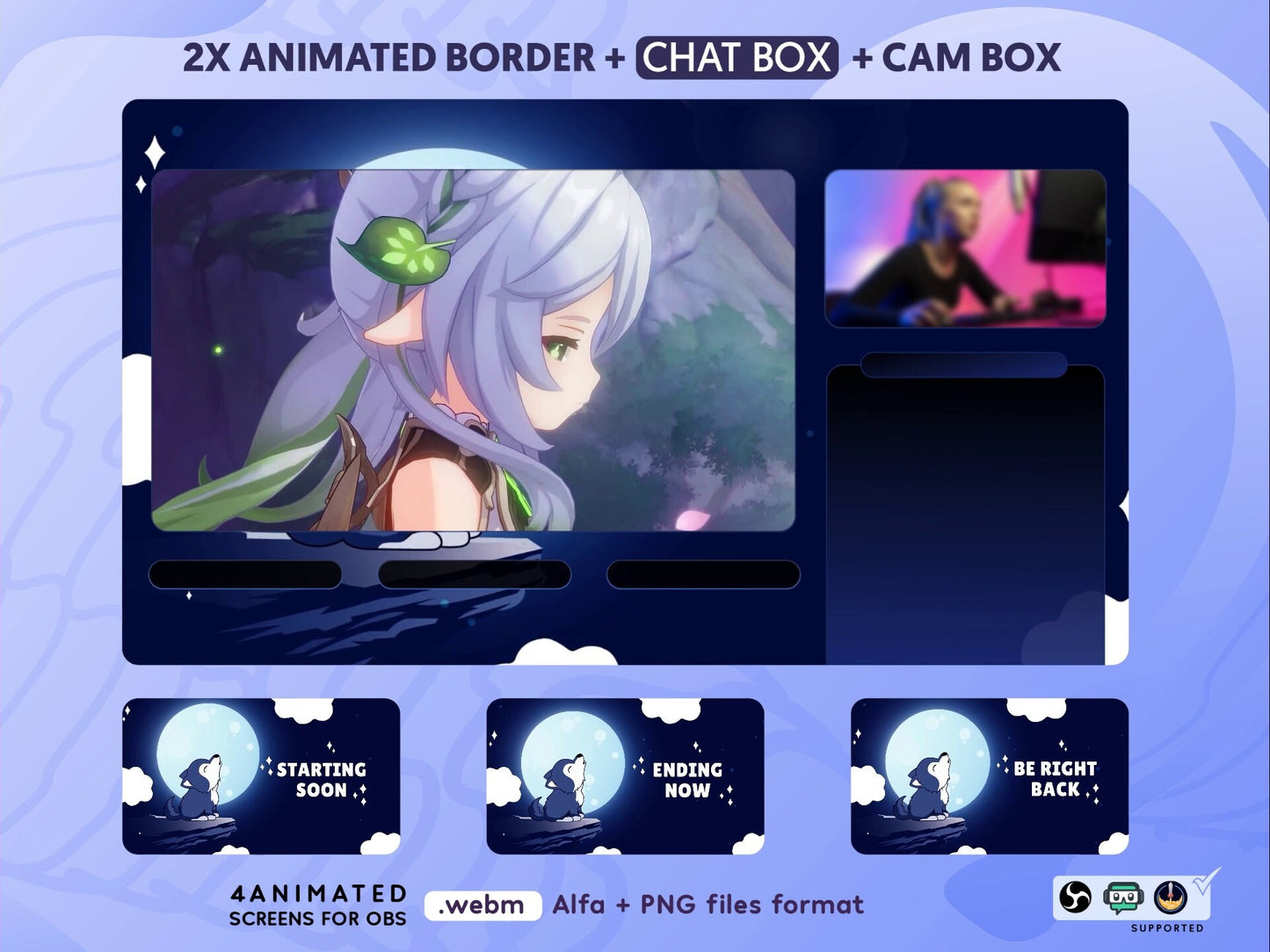 Cute Wolf Moon Animated Twitch Overlay Screens